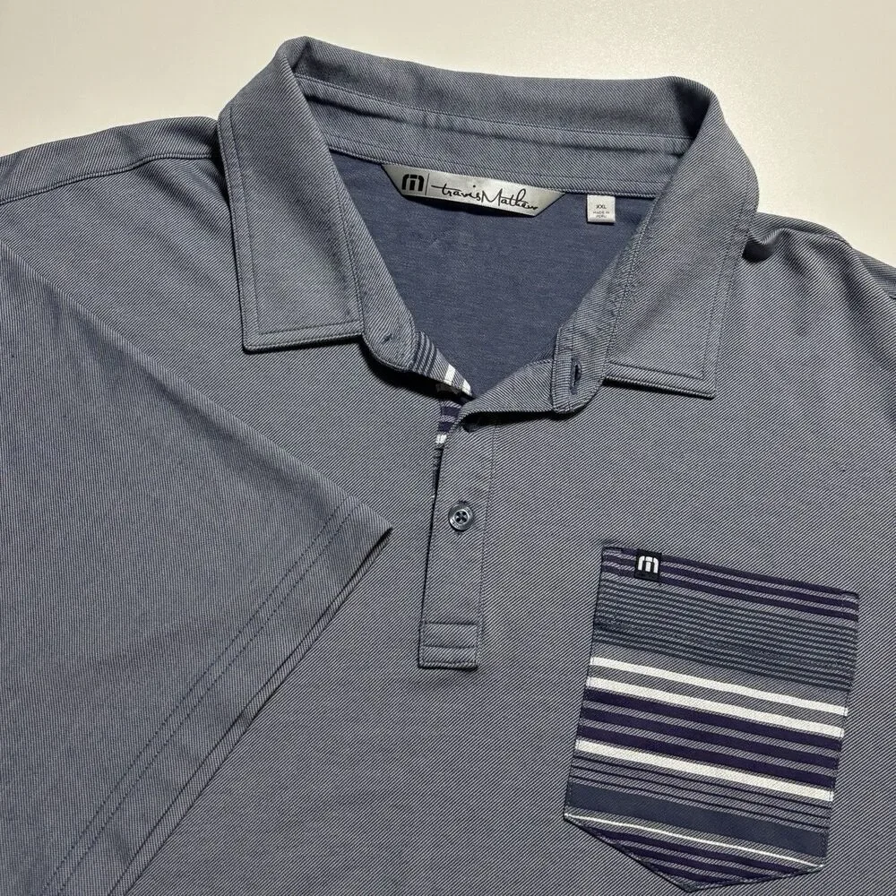 Travis Mathew Polo Golf Shirt Men's XXL‎ Gray Stripped Pocket Short Sleeve Shirt